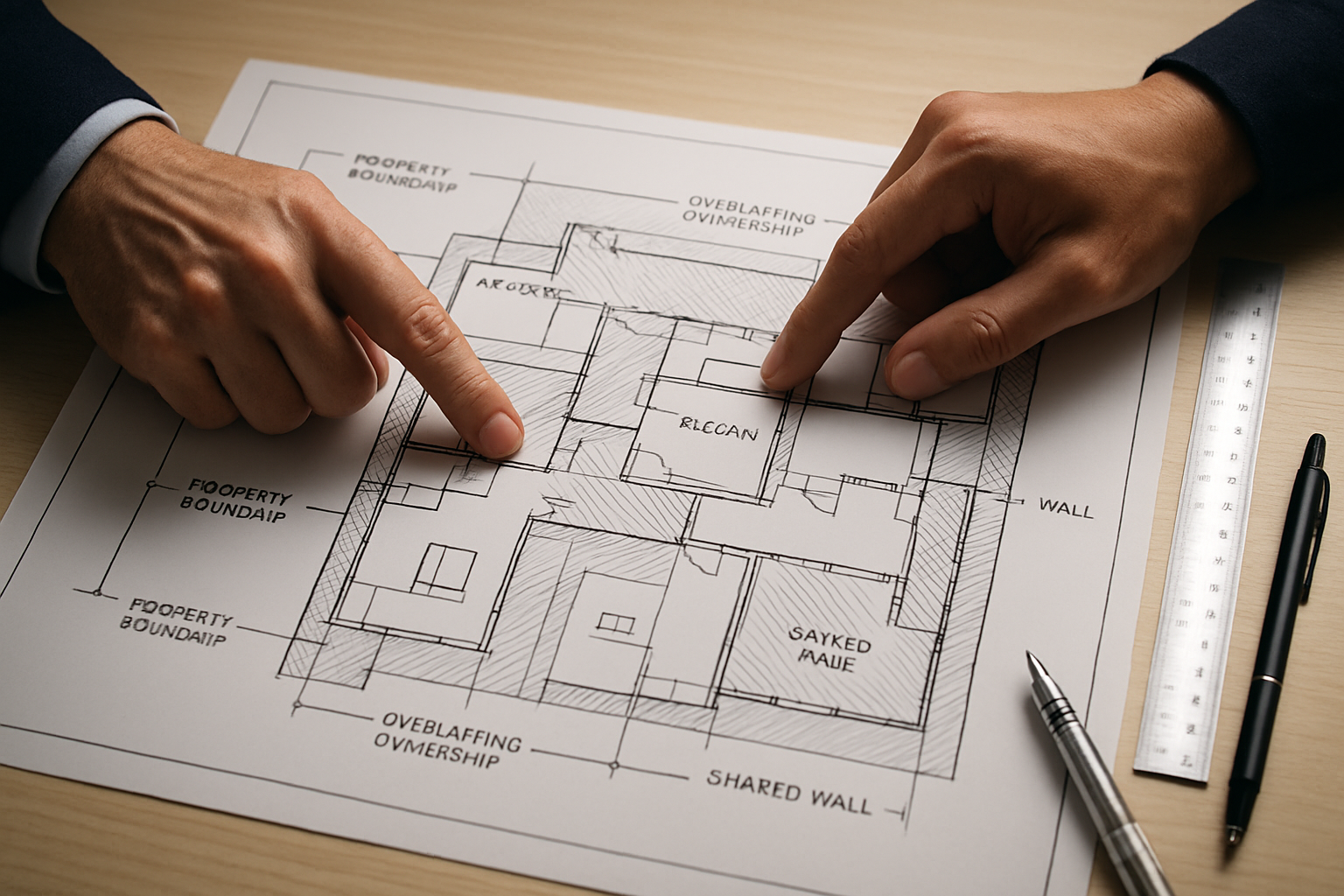 Close-up of two people pointing at a blueprint or property map — clearly discussing rooflines, balconies, or shared walls.
→ Visually shows how ownership overlaps, which is what most owners don’t understand.