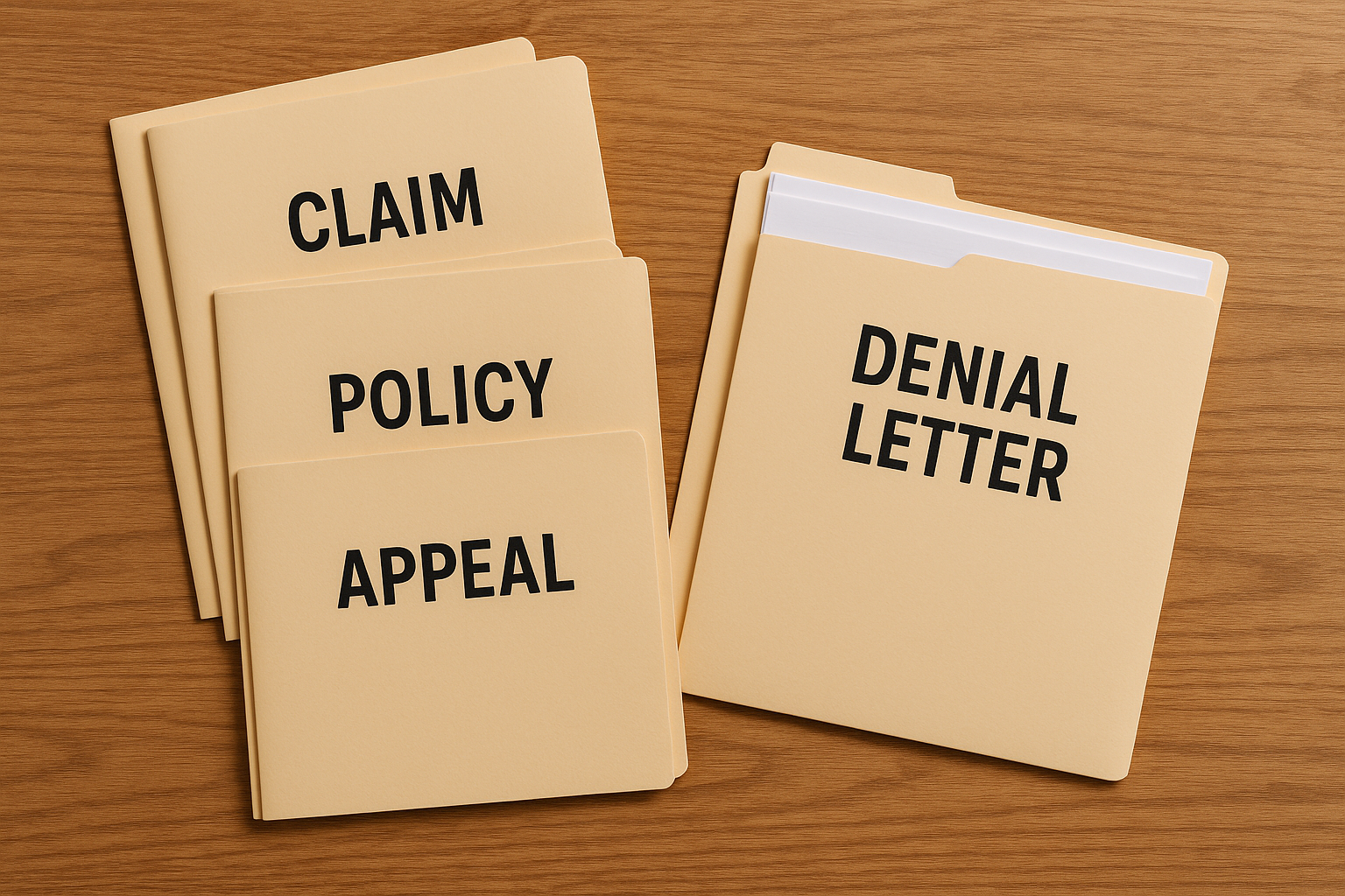 Flat-lay of a wooden desk with labeled folders: “Claim,” “Policy,” “Denial Letter,” “Appeal.” One folder open, others neatly stacked.