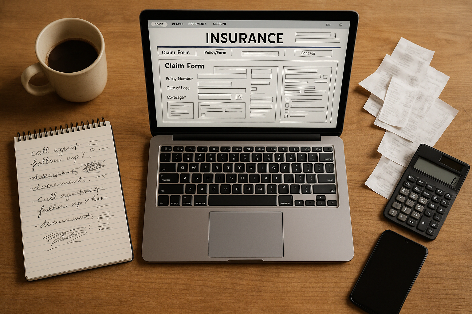 Flat-lay photo of a kitchen table with:

a laptop open to a confusing insurance portal

a notepad with half-legible notes

coffee mug, calculator, and maybe a small stack of receipts

a phone buzzing nearby

Mood: relatable, slightly chaotic, not sad — the “I got this… I think?” energy.
Message: you can go it alone, but it’s a project.
Tone: light, real, human.