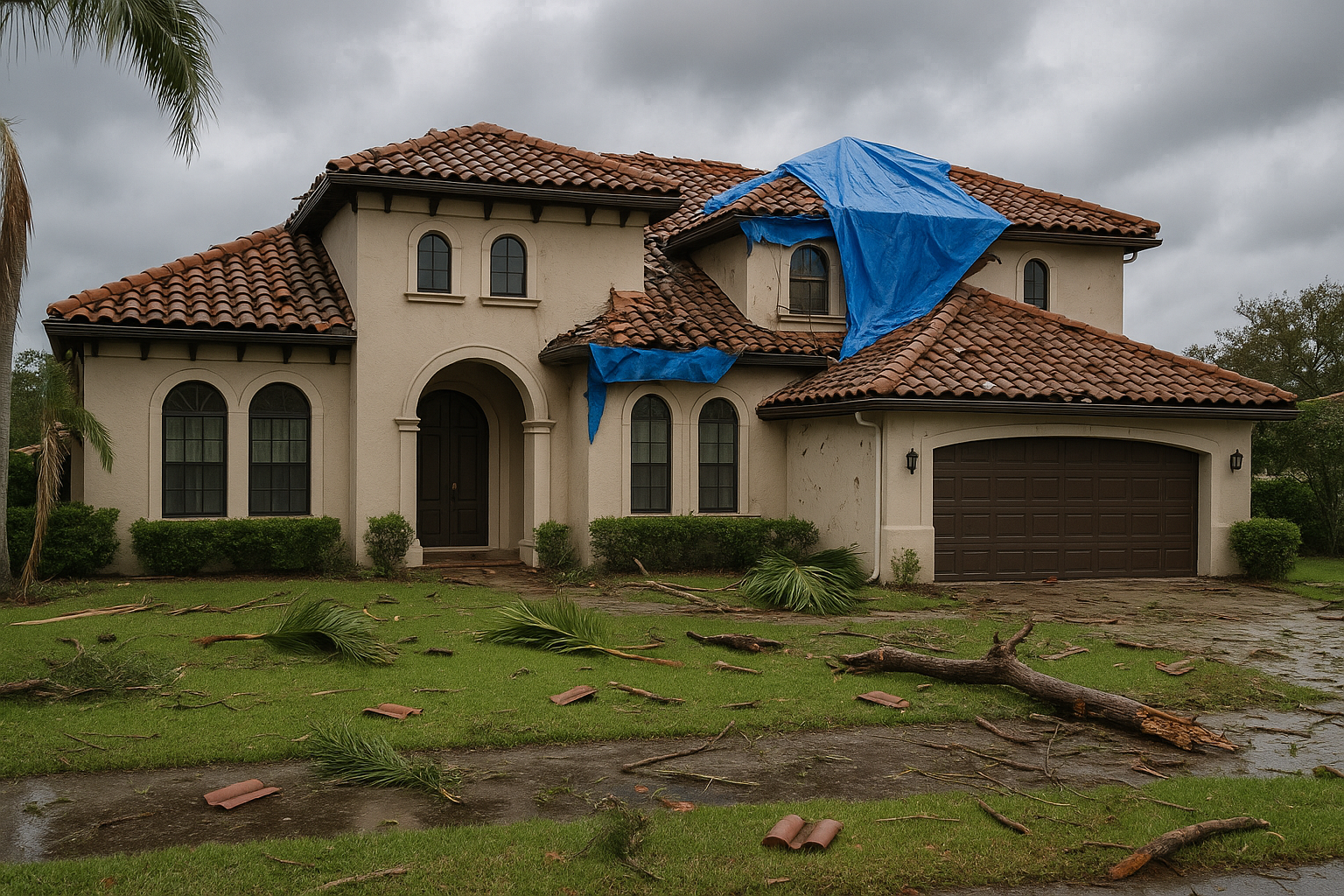 realistic image of an upscale Florida-style home with visible storm damage — including a blue tarp on the tile roof, debris on the wet lawn, and an overcast sky. No people, no flooding — just exterior damage for professional 