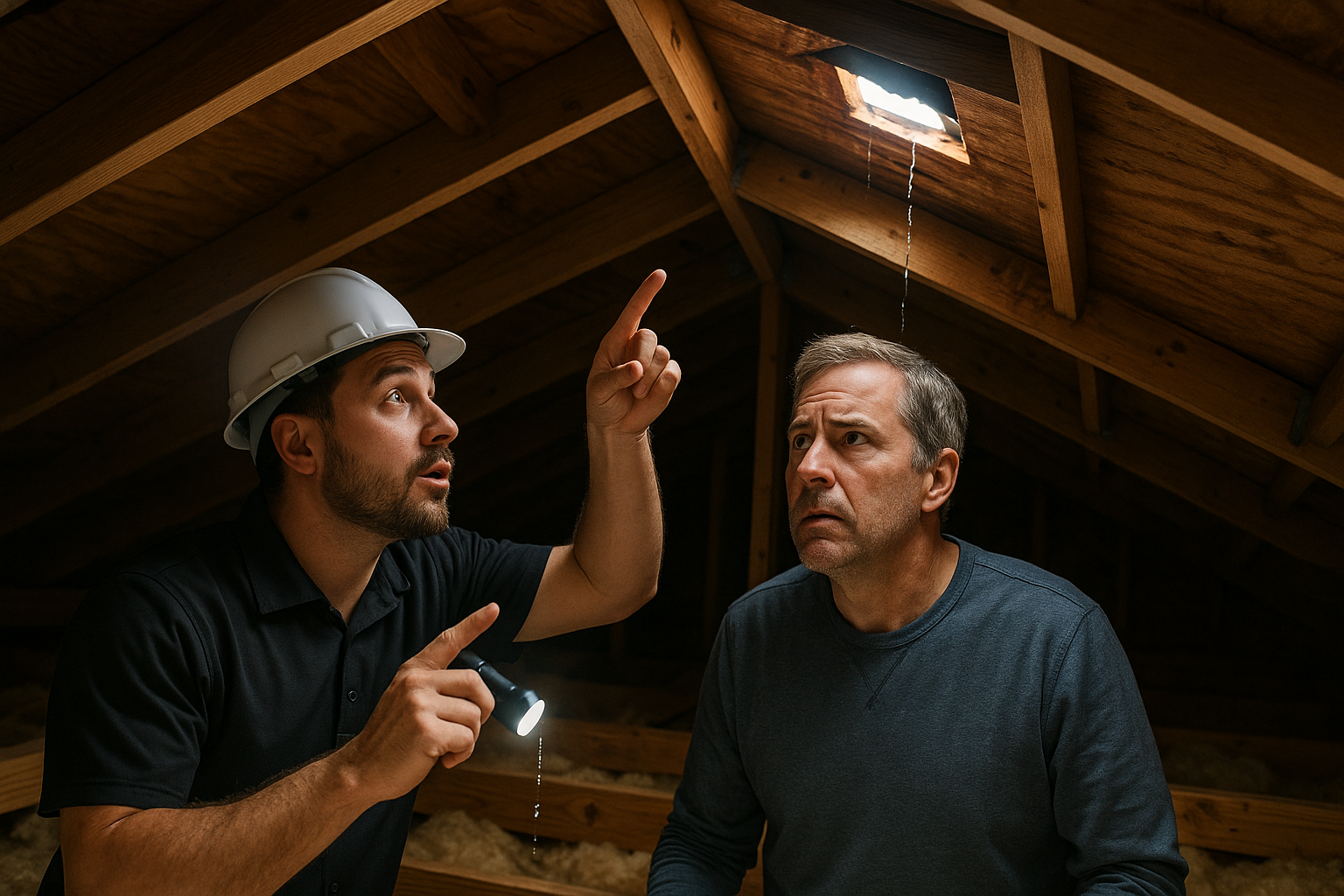 show inspector in attic showing homeowner pointing at a slow leak from missing shingle on the roof